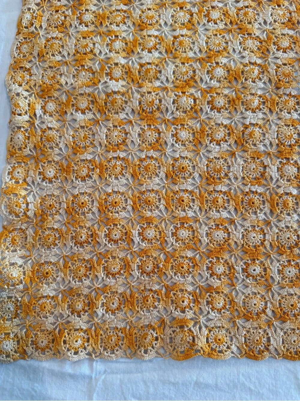 Mid century Handmade Crochet table runner in Golden orange color